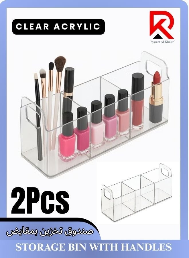 رسالم الخليج قطعتان من صندوق تخزين شفاف من الأكريليك بسماكة 4 مم و3 حجرات مع مقابض – مُنظِّم متعدد الاستخدامات للمطبخ والحمّام والمكتب ومنضدة التجميل (9 × 3 × 4 بوصات). - Image 1